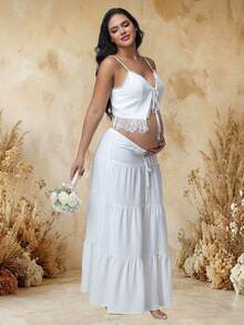 JustVH Women's Maternity Summer Set, Lace Patchwork Tie-Up Camisole Top & Flowy Long Skirt, 2pcs/Set Fall White - White - View 5