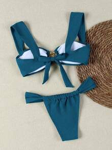 Ladies' Silver Starfish Decorated Navy Blue Wide-Shoulder Strap Bikini Two Pieces Set, Elegant And Casual Swimsuit Set For Beach Vacation Party - Blue - View 2