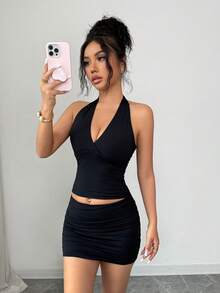 XLLAIS 女款純色性感V領短版貼身掛脖背心，休閒黑色夏季，Y2K風格 - 黑色 - 查看 9