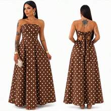 Elegant Premium Tailored Strapless Long Dress With Back Tie-Up, Trending Polka Dot - 棕色和白色 - 查看 1
