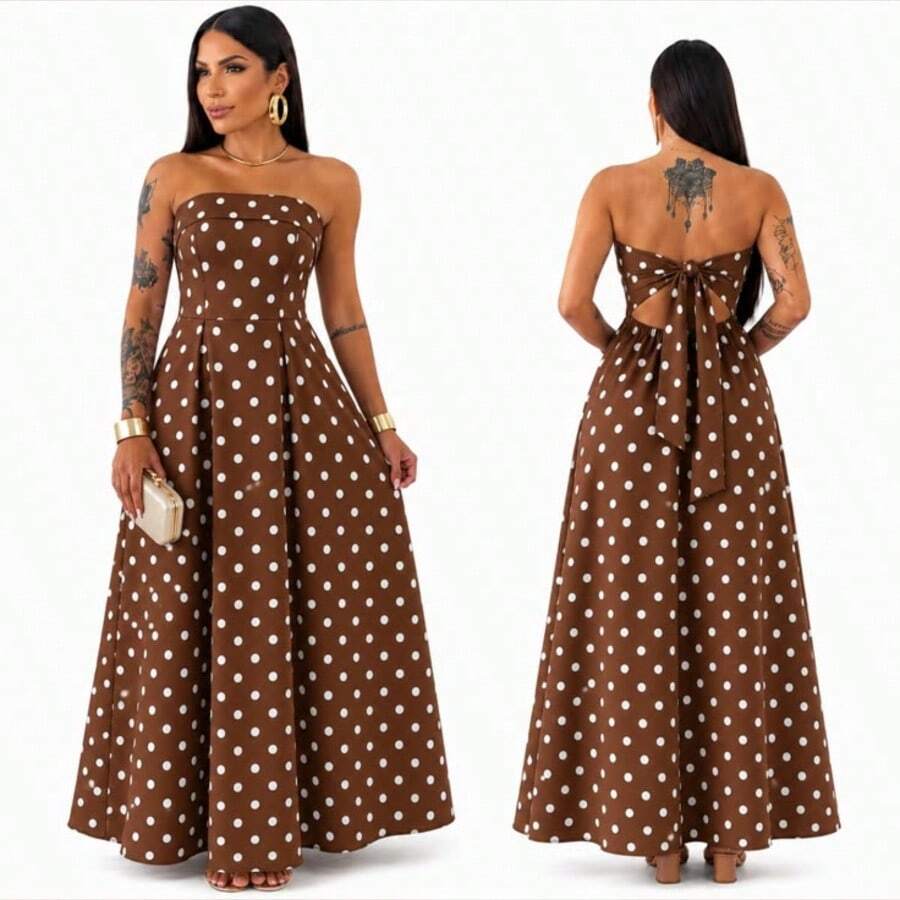 Elegant Premium Tailored Strapless Long Dress With Back Tie-Up, Trending Polka Dot - 棕色和白色 - 查看 1