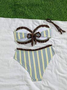 Women's Striped Printed Strapless Detachable Shoulder Strap Lace Bikini 2 Pieces Set Paired With High Waisted Lace Swim Trunks Beach - Multicolor - View 4