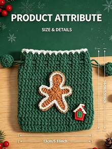 10/1pc Handmade Crochet Knitted Drawstring Storage Bag, Square Mini Soft Woven Pouch With Pom Pom Drawstring, 3D Santa Claus Snowflake Gingerbread Man Christmas Tree Applique Decor, Small Coin Purse, Christmas Holiday Party Decoration Gift Bag - Multicolor - View 9