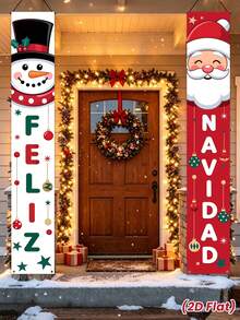 Feliz Navidad聖誕吊掛橫幅門廊裝飾牌與聖誕樹雪花圖案背景布,適用居家庭院室內外牆面門口派對裝飾 - 聖誕節C - 查看 3