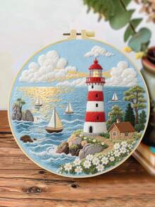 1PC 20*20cm/7.9*7.9in,Ocean Theme: Waves And Lighthouses Embroidery Kit, DIY Handmade Embroidery Set For Adult Beginners, Home Gift, Women's Sewing Gift, Including User Manual, Printed Pattern Fabric, Embroidery Frame, Needle And Thread. - Waves - View 9