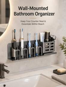Wall-Mounted Toothbrush Holder | No-Drill Installation | Multi-Color With Storage Slot & Cup | Space-Saving Bathroom Organizer, Suitable For Electric Toothbrushes And Shavers | Modern Design - Multicolor - View 2