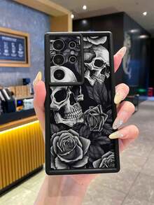 1pc Fashionable Black Rose Skull Pattern Lens Protection Thick Anti-Fall Anti-Fingerprint Black Diamond Sand Phone Case, Strong Protection, High Fashion, Suitable For Men And Women, Ideal Choice For Fashion Enthusiasts, Minimalist And Stylish, Compatible With Apple/Transsion/HONOR/ - Black - View 6