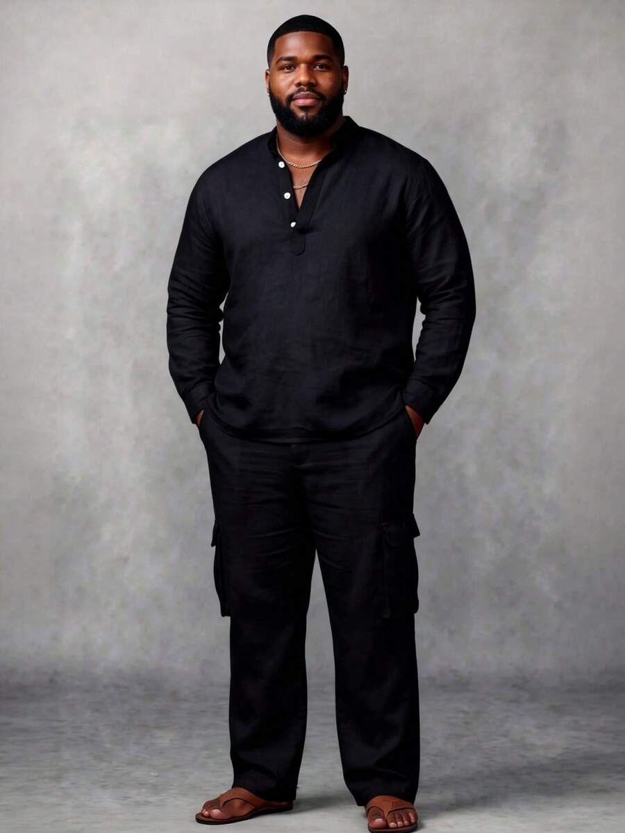 Men's Plus Size Spring/Summer Casual Solid Color Minimalist Ramadan Stand Collar Button Long Sleeve Sleeve Tab Design Thin Shirt With Solid Color Long Pants 3D Pocket Decor 2-Piece Set - Black - View 1