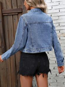 Jaket Denim Pendek Kasual Wanita dengan Jahitan Kontras - Biru - View 5