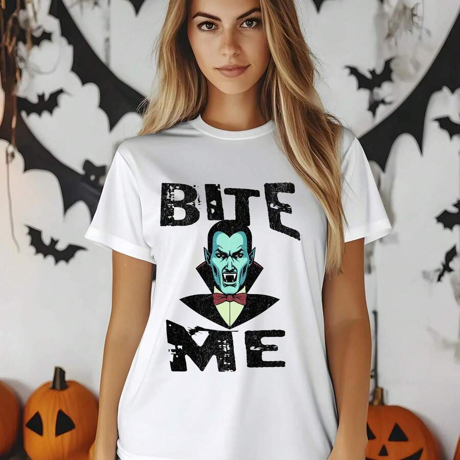[Festival Outfits Women][Universal]Funny Unisex Dracula T-Shirt Retro Vintage Vampire Bite Me Tee Gothic Spooky Shirt Halloween Gift For Vampire Lo - White - View 1