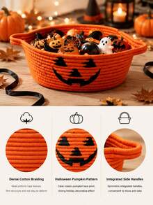 1 giỏ đựng đồ chủ đề Halloween, phong cách lễ hội, đan dây thừng chặt, miệng hở, có 2 tay cầm, in mặt bí ngô, phù hợp trang trí tiệc, đồ trang trí bàn, đựng đồ thủ công, lưu trữ vật dụng nhỏ cho nhà bếp và gia đình - trái cam - Xem 3