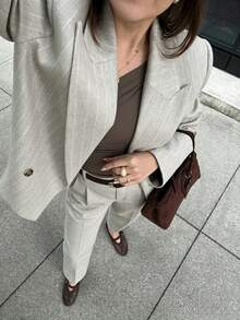 Women's Lightweight Pinstripe Double-Breasted Blazer, Loose Casual Fit, With Shoulder Pads Business Office Jacket Fall - Light Grey - View 5