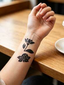 4pcs Ins Style Butterfly & Floral Henna Tattoo Stencils, Minimalist Flower & Butterfly Design, Reusable Hollow Stencil Stickers, Suitable For Daily Wear, Vacation, Music Festival, Party - Black - View 6