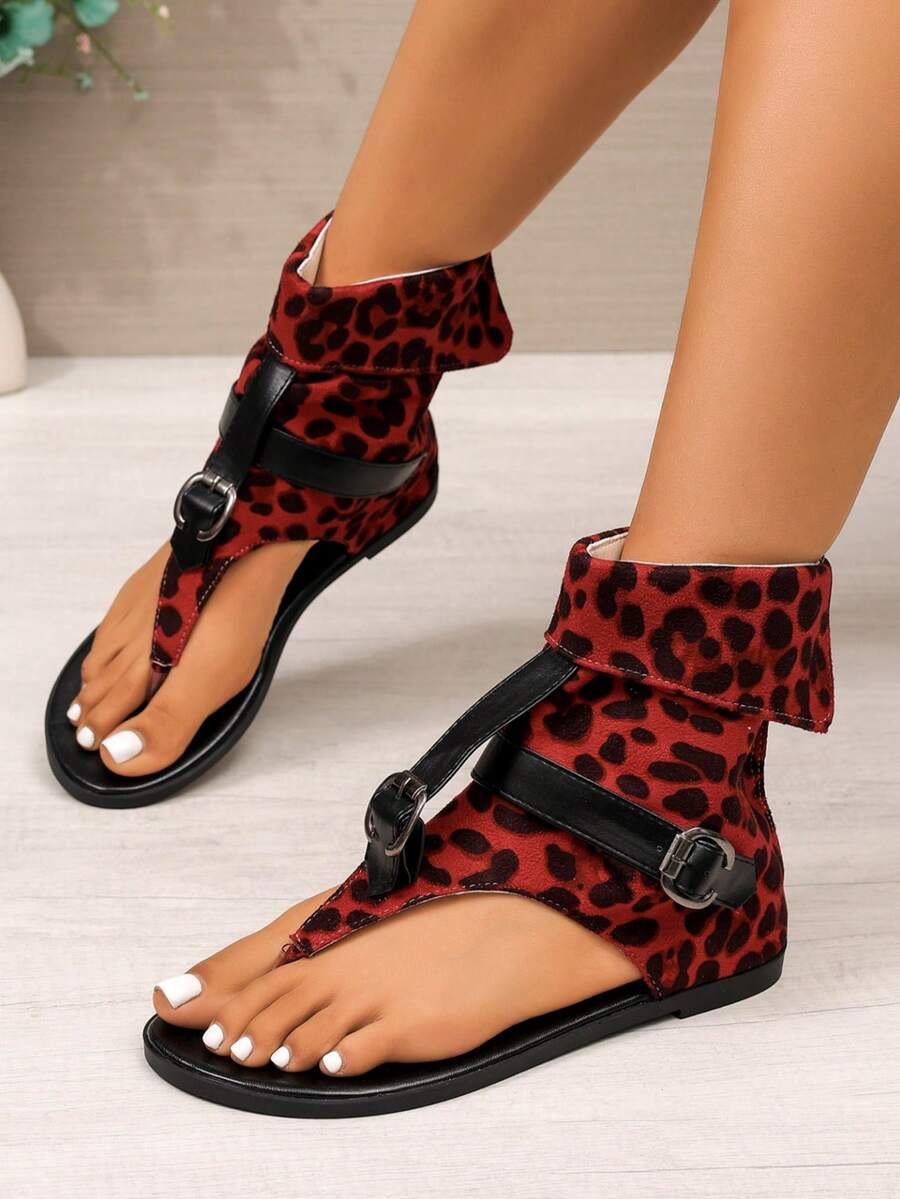 Sandal Wanita Lipat dengan Tali Pergelangan Kaki, Datar, Mudah Dipakai, Alas Kaki Sehari-hari - Merah - View 1