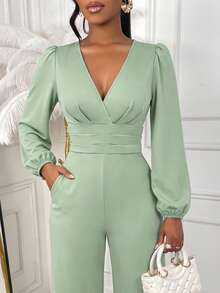 AIJ Women Fall Green French Style V‑Neck Long Puff Sleeve Wide Leg Jumpsuit High Waist Pockets Elegant Formal Office Party Evening Fall Fashion Outfit - Bean Green - View 10