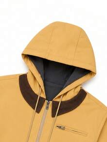 Vintage Mustard Yellow Patchwork Cuff Men's Casual Versatile Loose Fit Hooded Jacket - Ginger - View 5
