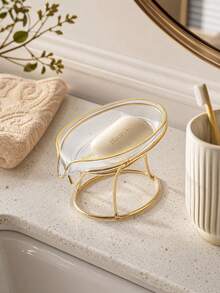 1pc Leaf-Shaped Soap Dish With Metal Stand, Luxury Modern Style, PET Tray + Iron Frame, Drainage Hole Design, Gold Rim Letter Detail, Bathroom Soap Storage Decor, Size 13*9*9cm, Suitable For Home, Apartment, Hotel, Rental Bathroom Vanity - Soap Dish - View 1