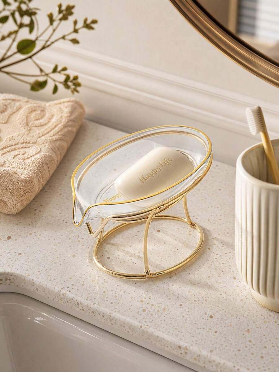 1pc Leaf-Shaped Soap Dish With Metal Stand, Luxury Modern Style, PET Tray + Iron Frame, Drainage Hole Design, Gold Rim Letter Detail, Bathroom Soap Storage Decor, Size 13*9*9cm, Suitable For Home, Apartment, Hotel, Rental Bathroom Vanity - Soap Dish - View 1