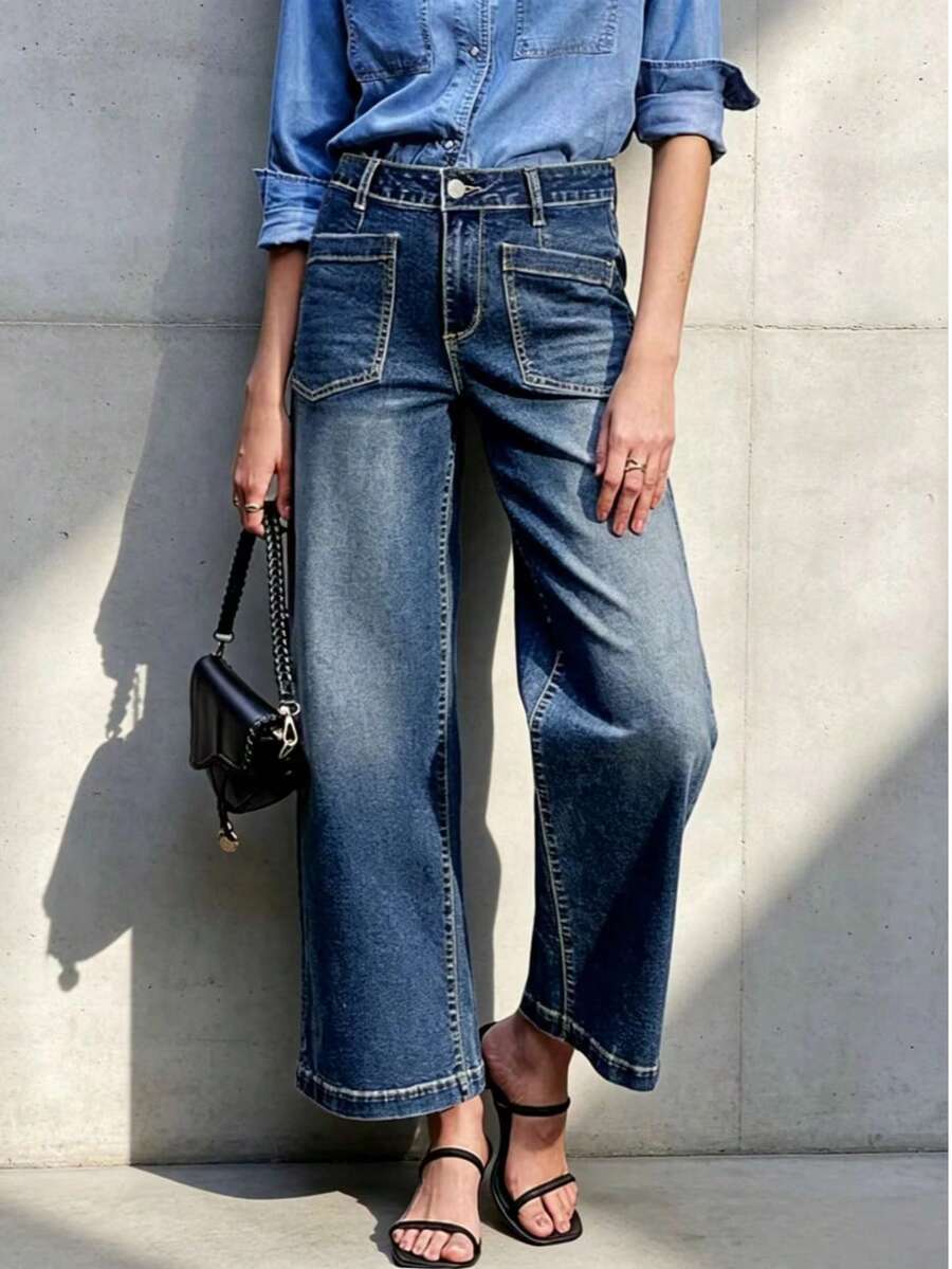 Women's Casual Straight Leg Cropped Length Washed Denim Jeans, Medium Stretch Fabric Fall - Navy Blue - View 1