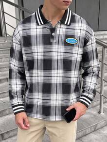 1 pieza Camisa POLO de manga larga a cuadros negro & blanco, estilo casual retro versátil para niños, otoño/invierno - Blanco y Negro - Ver 1