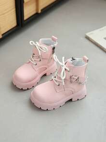 New Round Toe Children's Boots, Casual Retro Flat Ankle Boots For Girls, Non-Slip Wear-Resistant Big Kids Shoes, Punk Boots For Female Students - Pink - View 2