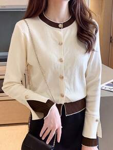 Contrast Color Round Neck Knit Cardigan Women Spring Autumn, Luxury Metal Button Color Block Long Sleeve Commuter Top, Suitable For Daily Wear Or Layering Under Blazer - Apricot - View 5