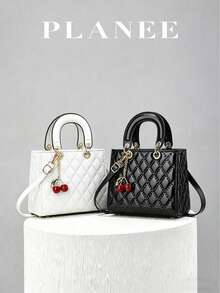 [PLANEE] Lacquered Leather Diamond Pattern Handbag, Rhinestone Quilted Crossbody Bag, Durable Fashionable Mini Tote Bag With Cute Cherry Charm - Multicolor - View 1