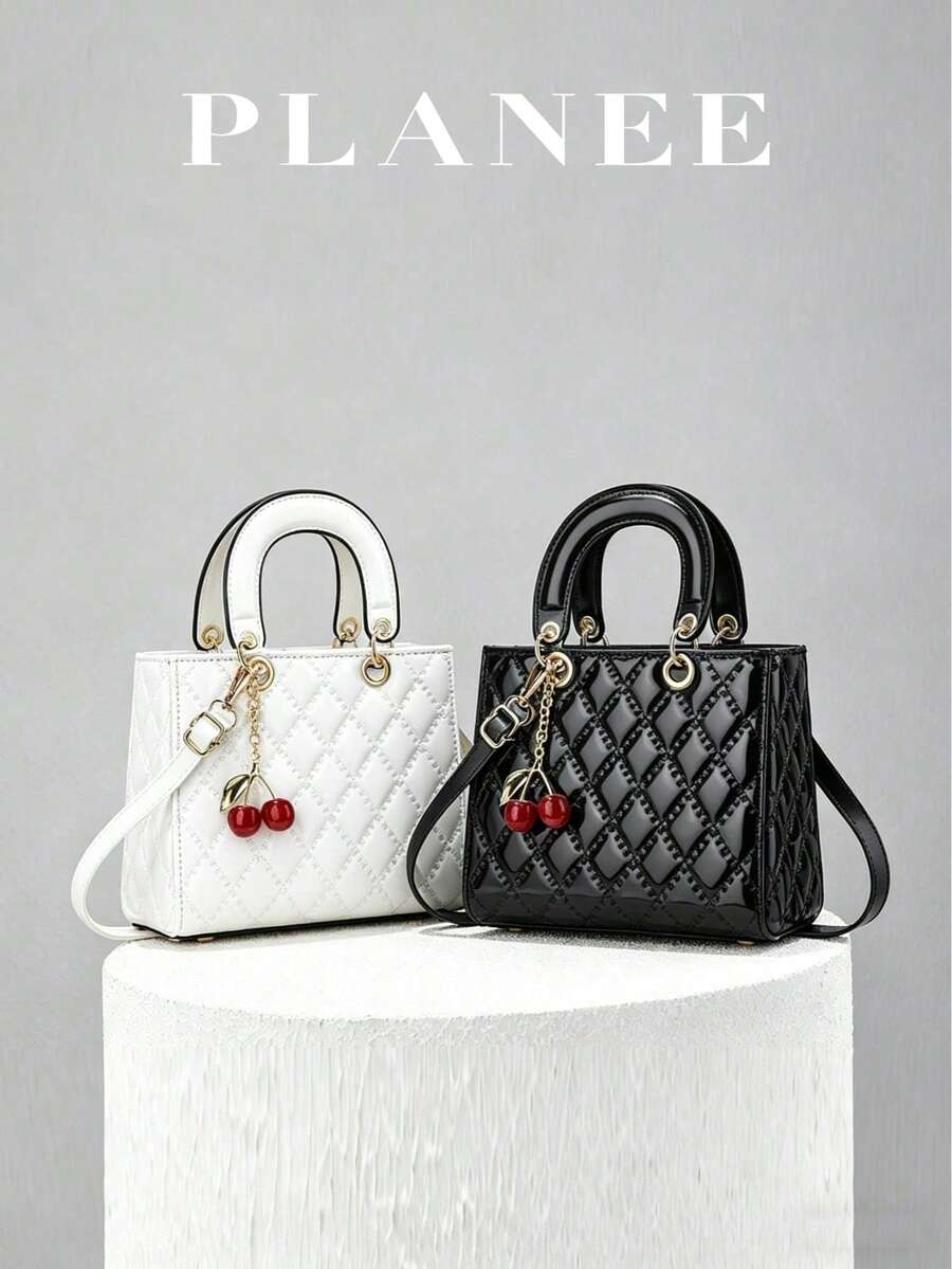 [PLANEE] Lacquered Leather Diamond Pattern Handbag, Rhinestone Quilted Crossbody Bag, Durable Fashionable Mini Tote Bag With Cute Cherry Charm - Multicolor - View 1
