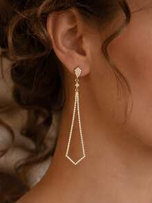 FAAABULS 1pc Rhombus Rhinestone Long Chain Tassel Drop Earrings, Hollow Rhombus Frame Pendant Earrings, Women's Daily Commute Party Evening Jewelry - Rhinestones - View 1