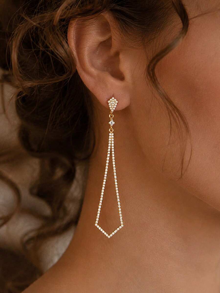FAAABULS 1pc Rhombus Rhinestone Long Chain Tassel Drop Earrings, Hollow Rhombus Frame Pendant Earrings, Women's Daily Commute Party Evening Jewelry - Rhinestones - View 1