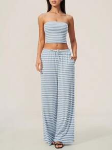 TimeOff Women's One Set Striped Strapless Bandeau Tank Top With Drawstring Waist And Side Pockets Wide Leg Pants 2 Pieces Set - Baby Blue - View 5