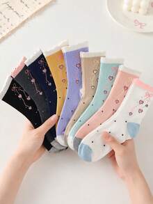 1/5/10pcs Women's Random Bow Heart Polka Dot Multi-Color Solid Minimalist Fashion Mid-Calf Socks, Soft Comfortable All-Season Versatile Preppy Casual Sports Suitable For Daily Wear, Gatherings And Outings - Multicolor - View 4