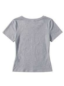 Kaos Lengan Pendek Leher U Sederhana, Elastis & Pas Badan, Warna Polos, Atasan Kasual Serbaguna untuk Musim Panas - Grey - View 3
