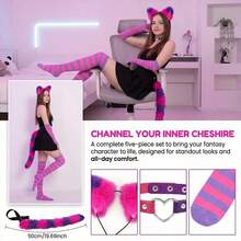 Halloween Cat Costume Accessory Set, Includes Fluffy Tail, Ear Headband, Striped Socks, Suitable For Cosplay - Pink Purple Stripes - View 8