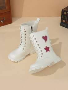 1 Pair Girls' Casual Fashion Heart Decor Comfortable Warm Round Toe Side Zipper Design Mid-Calf Boots Suitable For Autumn/Winter - White - View 6