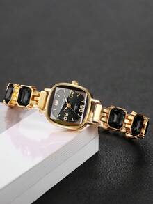 Reloj de pulsera digital cuadrado exquisito para mujer, reloj de cuarzo con incrustaciones de strass de corte de moda, regalo para novia (1 pieza/set) Caja de reloj no incluida - Negro - Ver 7