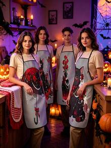 4pcs Gothic Halloween Kitchen Apron, Black Cat Red Rose Pearl Chain Print Adjustable Anti‑Oil Cooking Bib Apron, Vintage Dark Romantic Home Baking Party Decor Holiday Gift - Multicolor - View 10