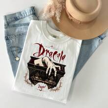 [Festival Outfits Women][Universal]Dracula Bram Stoker Shirt, Gothic Horror T Shirt, Vampire Coffin Graphic Tee, Halloween Book Lover Gift - White - View 1