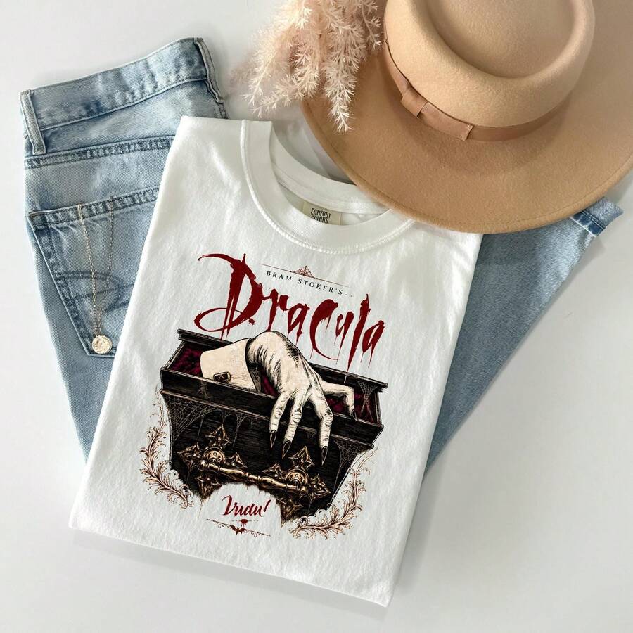 [Festival Outfits Women][Universal]Dracula Bram Stoker Shirt, Gothic Horror T Shirt, Vampire Coffin Graphic Tee, Halloween Book Lover Gift - White - View 1