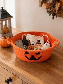 1 giỏ đựng đồ chủ đề Halloween, phong cách lễ hội, đan dây thừng chặt, miệng hở, có 2 tay cầm, in mặt bí ngô, phù hợp trang trí tiệc, đồ trang trí bàn, đựng đồ thủ công, lưu trữ vật dụng nhỏ cho nhà bếp và gia đình - trái cam - Xem 4