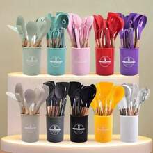 Wooden Handle Silicone Kitchen Utensils, Cooking Whisk Tool, Heat-Resistant Food Stirrer Accessory, Kitchen Tool; Whisk - Multicolor - View 1