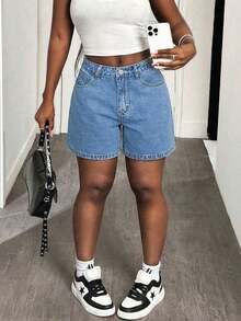 Women's Solid Color Bermuda Denim Shorts Casual Summer - Medium Wash - View 6