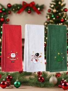 [1/3pcs] Cotton Christmas Cute Cartoon Embroidered Towels, Soft Super Absorbent Lint-Free Face Towels, Home Daily Use Adult Hand Towels Suitable For Kitchen, Bathroom And Living Room - Green/Red/White - Multicolor - View 6