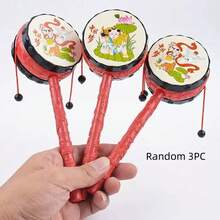 Traditional Chinese Style Rattle Drum, Classic Hand-Shaken Toy, Rattle Toy, Produces Sound By Shaking The Rope-Attached Weight To Strike The Drum Surface, Features Chinese New Year Painting Style Design, Red Carved Handle, Combines Traditional Rattle Drum Structure With Chinese Cultural Theme Design, Random Style - 彩色 - 查看 11