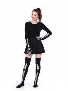 2 Pairs/1 Pair Halloween Cosplay Skeleton Print Over-The-Knee Socks, Creative Atmosphere Holiday Outfit Socks, Suitable For Parties, Performances, Parades, Dances - Multicolor - View 5