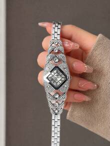 SOKI Women's Luxury Full Rhinestone Square Watch, Silver Roman Numeral Dial, Multi-Layer Crystal Rhinestone Chain Strap, Sparkling Elegant Quartz Wristwatch, Party Wedding Date Accessory, Perfect Gift Choice - Silver - View 3