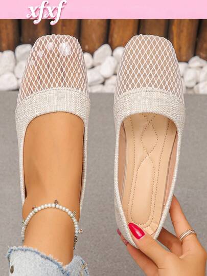 XfA Pair Of Women's Versatile/Comfortable Mesh Patchwork Square-Toe Flat Shoes, Suitable For Commuting And Daily Leisure.