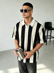 WAIT HIM Kemeja Polo Lengan Pendek Bergaris Blok Warna Kasual Pria, Musim Panas - Hitam dan Putih - View 1