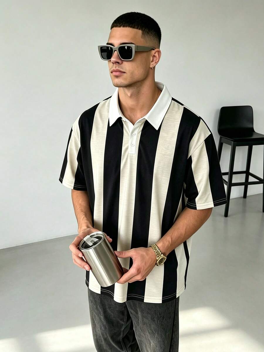 WAIT HIM Kemeja Polo Lengan Pendek Bergaris Blok Warna Kasual Pria, Musim Panas - Hitam dan Putih - View 1