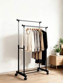 Single/Double Pole Height Adjustable Freestanding Metal Clothes Rack, Modern Minimalist Silver And Black Rectangular Frame Garment Rack With Universal Caster Wheels, Suitable For Bedroom, Balcony, Laundry Room And Clothing Display - Multicolor - View 2